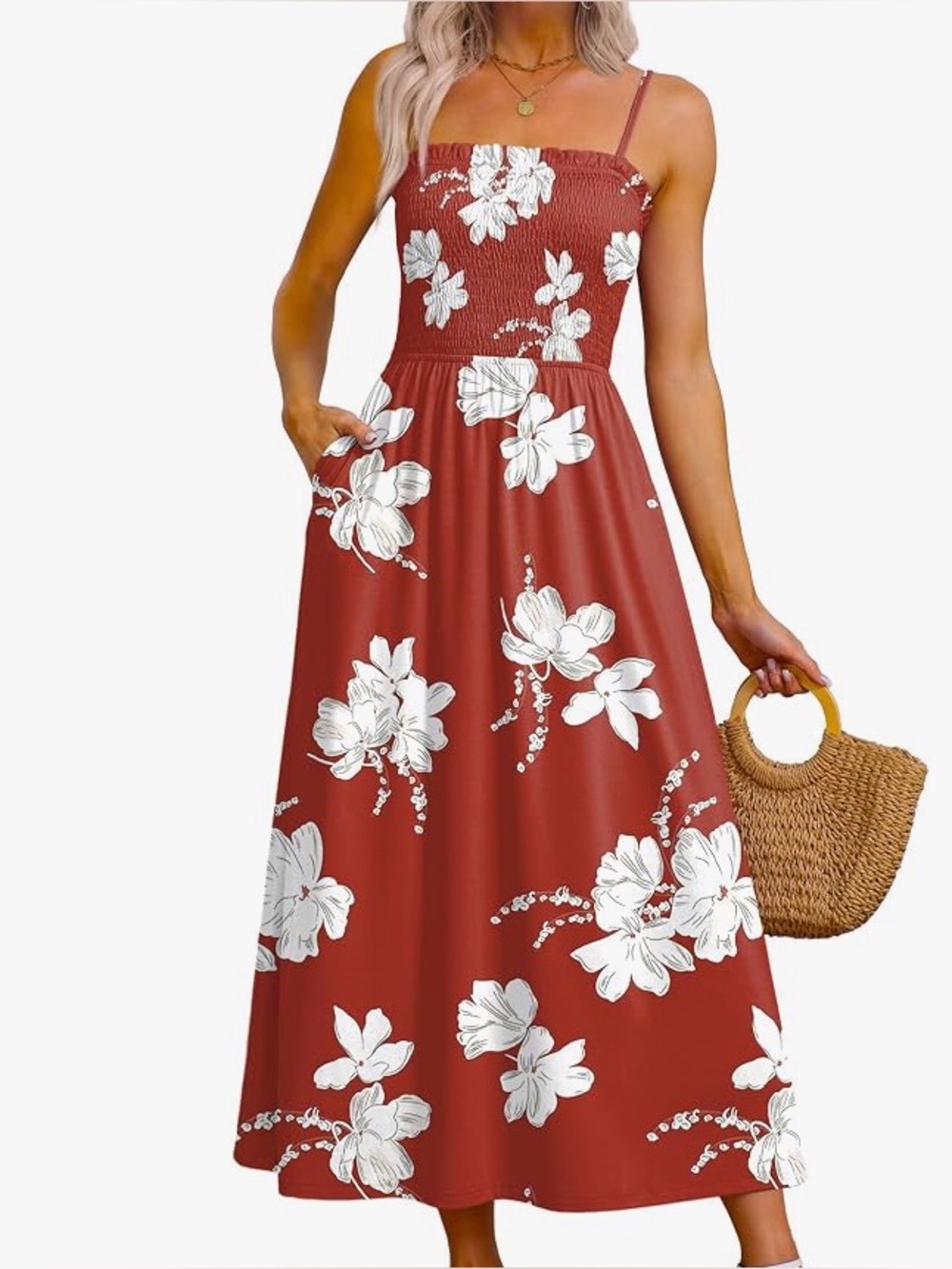 Women’s plus size Red Floral Smocked Midi summer Dress